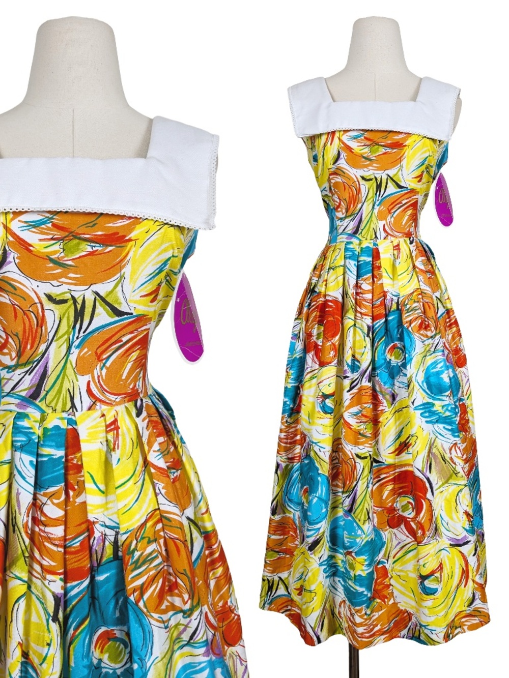 Algo Vintage A-Line Dress Floral Collar Sleeveless Summer Formal Size Small